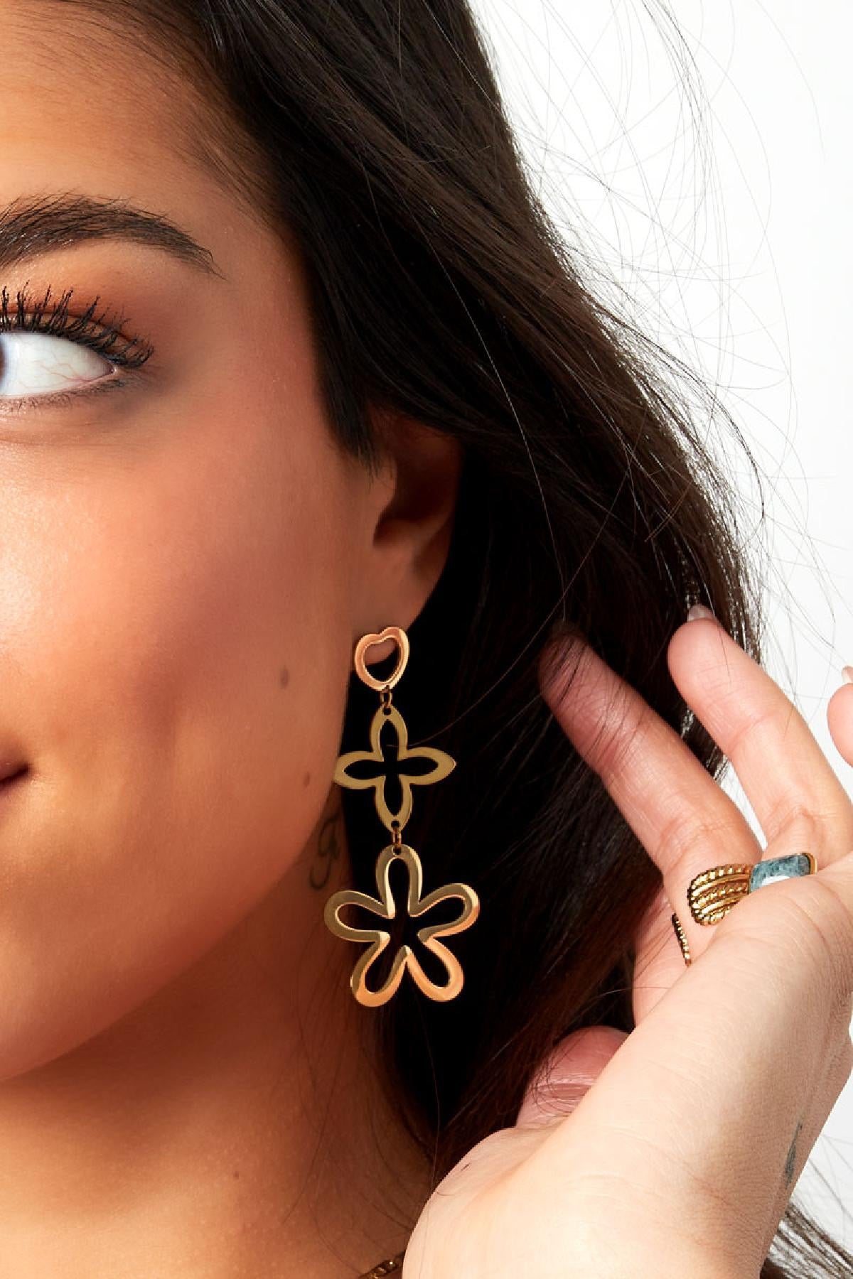 Boucles d’Oreilles Triple Formes Fleurs - acier inoxydable doré