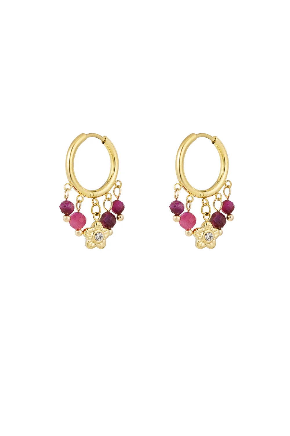 Boucles d'Oreilles Guirlande de Pierres - doré & fuchsia