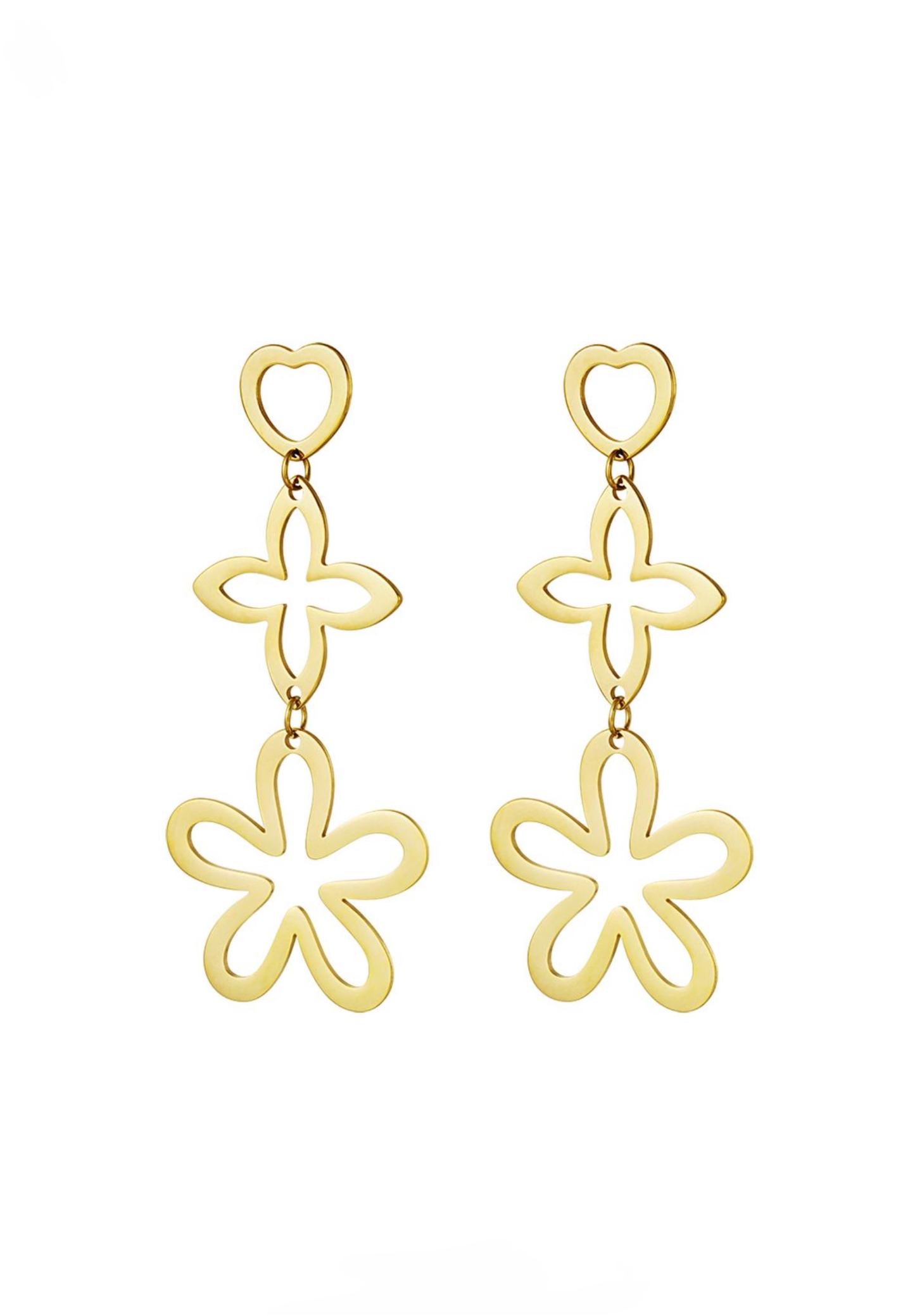Boucles d’Oreilles Triple Formes Fleurs - acier inoxydable doré