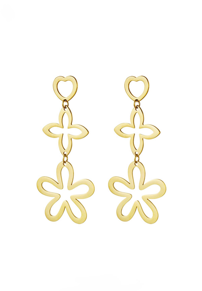 Boucles d’Oreilles Triple Formes Fleurs - acier inoxydable doré