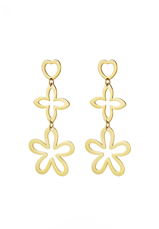 Boucles d’Oreilles Triple Formes Fleurs - acier inoxydable doré